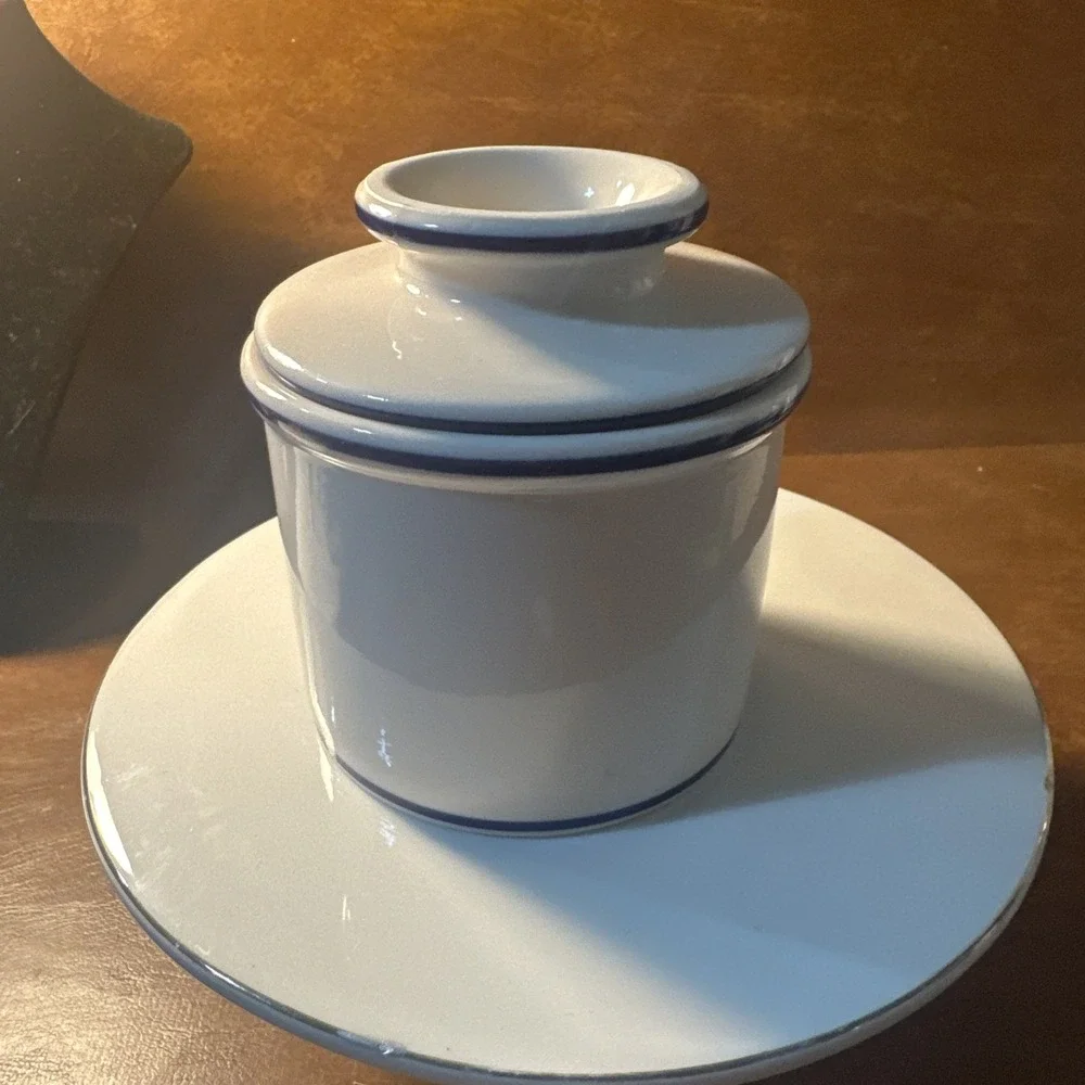 Butter Bell Crock L Tremain White With Blue Ceramic Butter Keeper